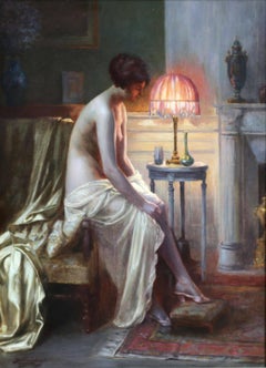 Nude in Boudoir - 19th Century Oil, Nude Figure in Interior by Delphin Enjolras