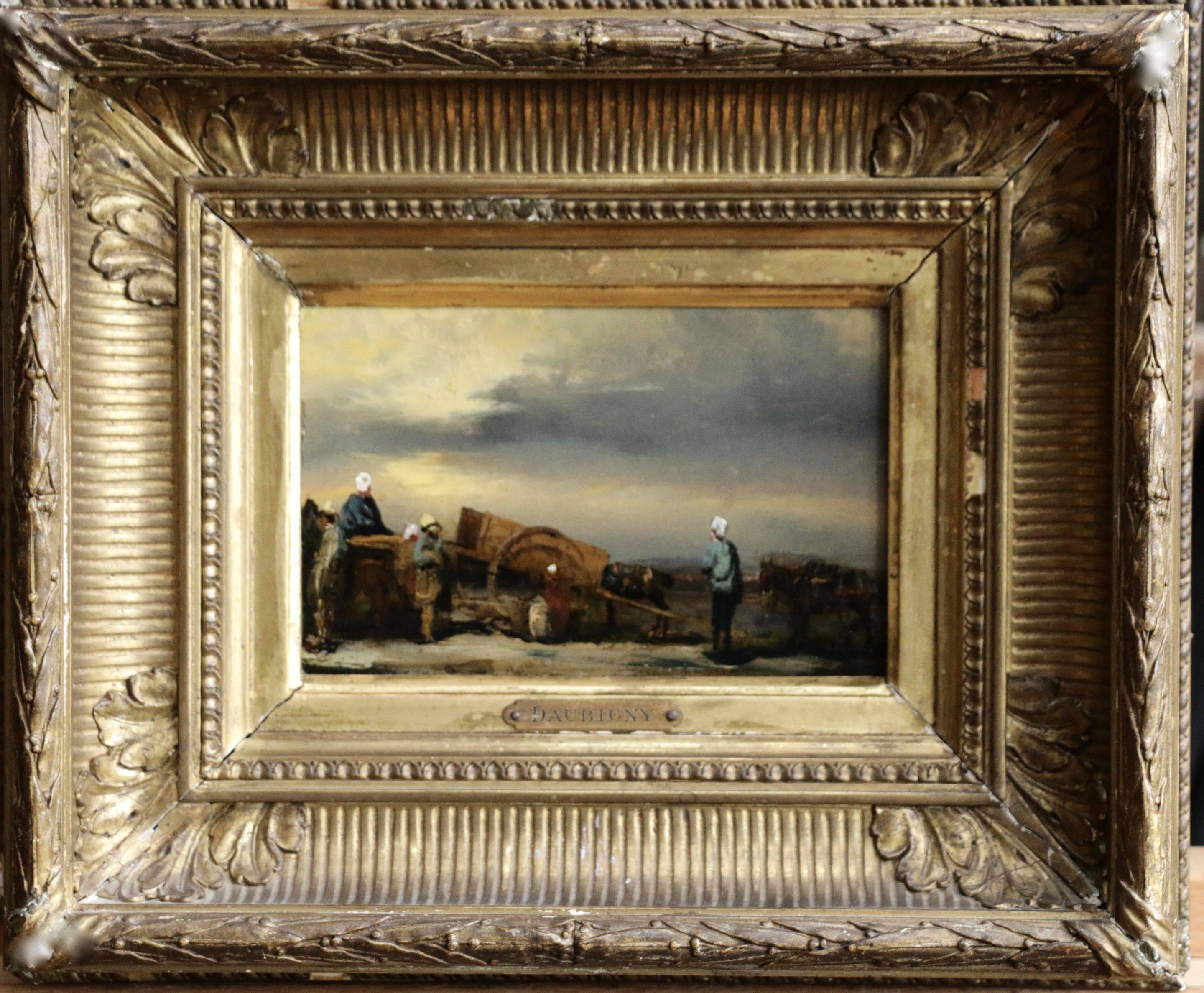 Charles François Daubigny Landscape Painting - Travailleurs au Coucher du Soleil