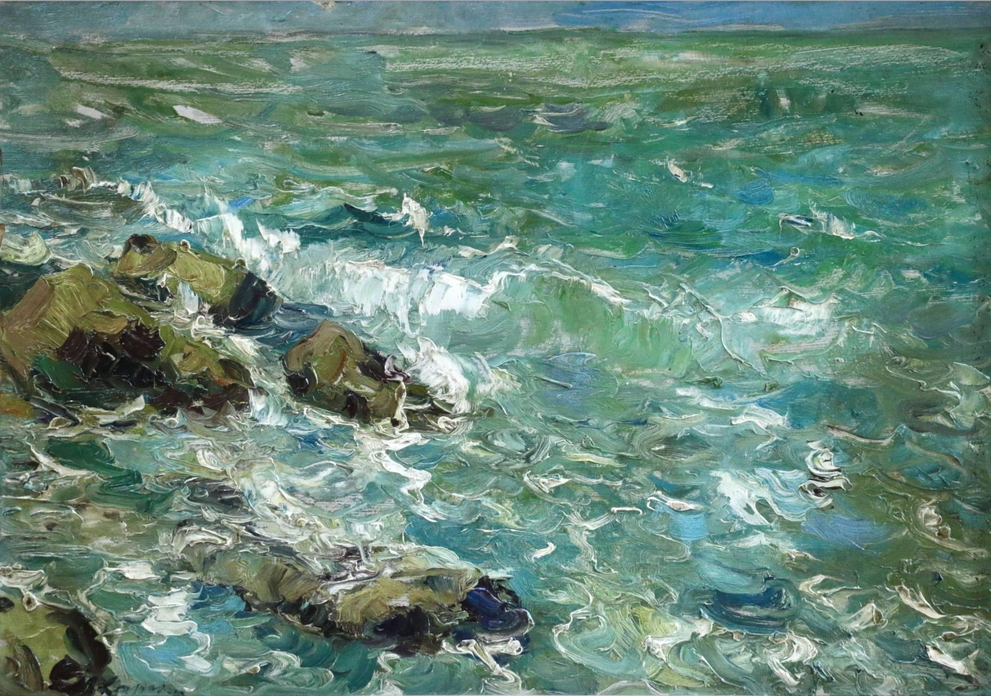 Georges Lapchine Landscape Painting - Waves Breaking on Coast