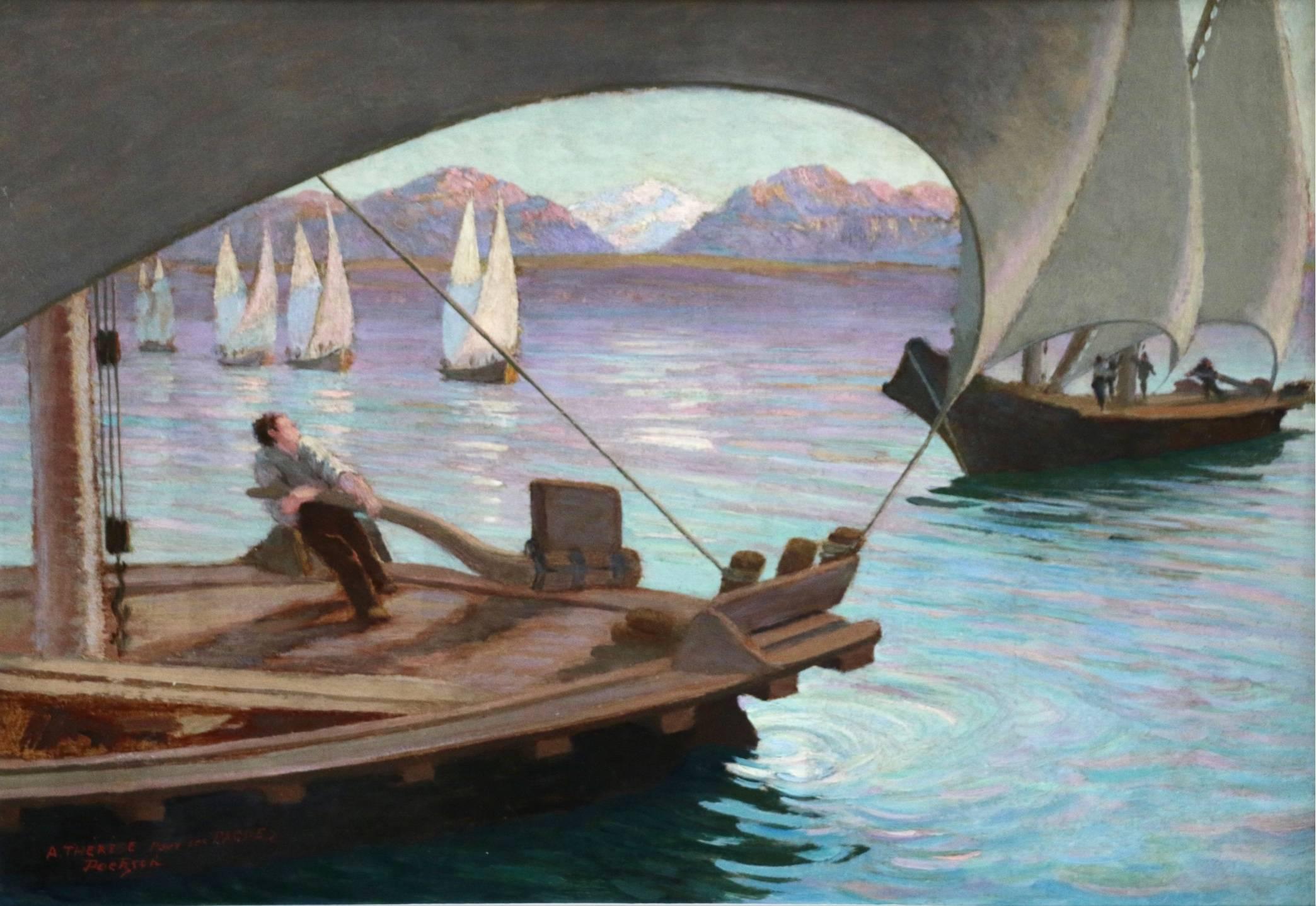 Gustave Poetzsch Landscape Painting - Boats - Lake Neuchatel