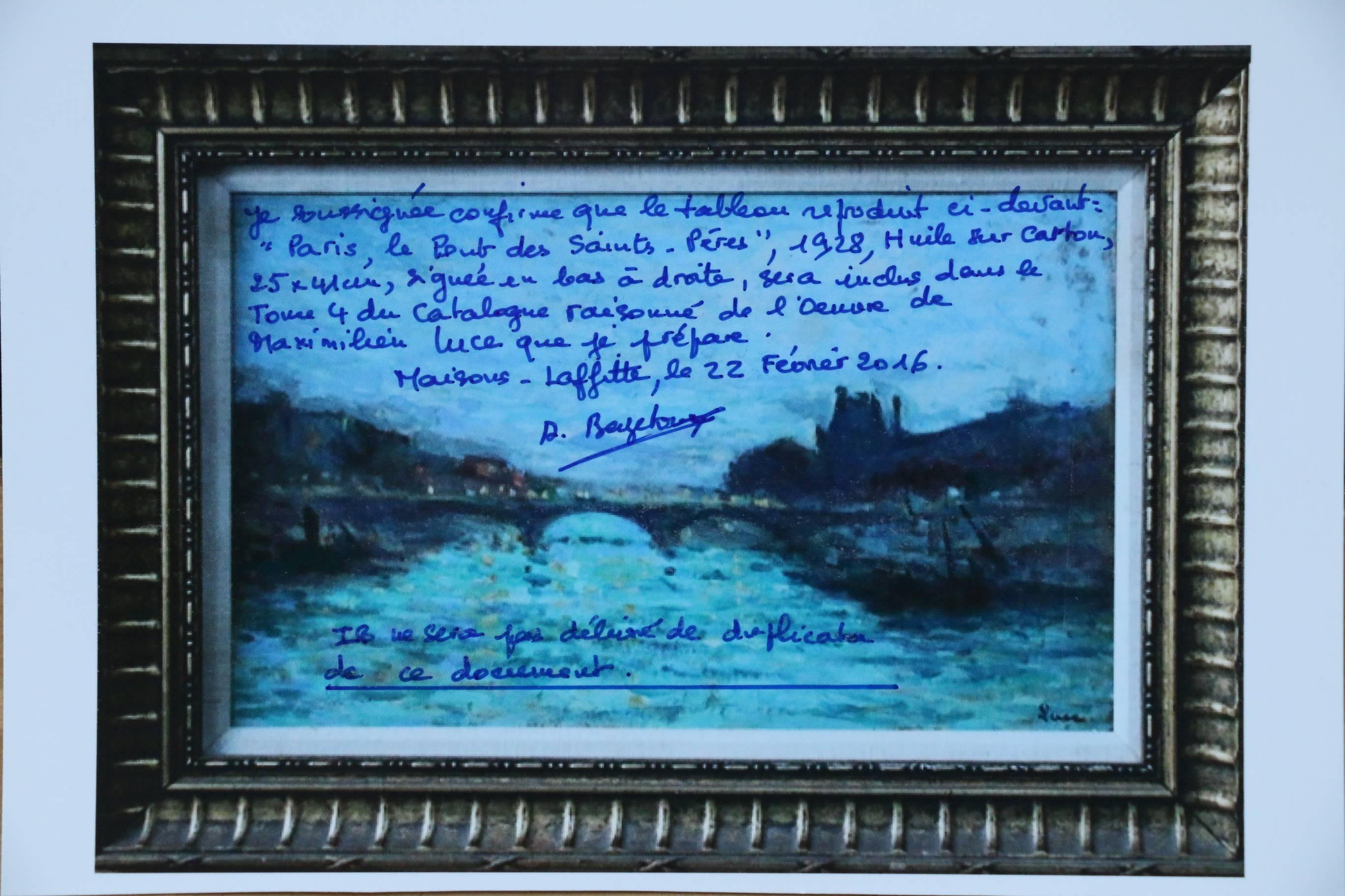 Pont Des Saint Pares and Louvre - Paris - Blue Landscape Painting by Maximilien Luce
