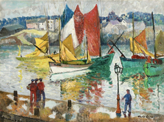 Harbour at St Ives - Impressionist Figures Seascape Oil by Richard Hayley Lever