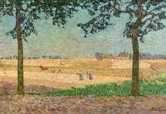 Erntezeit - Postimpressionistische Figuren in Öl in Landschaft von Modest Huys