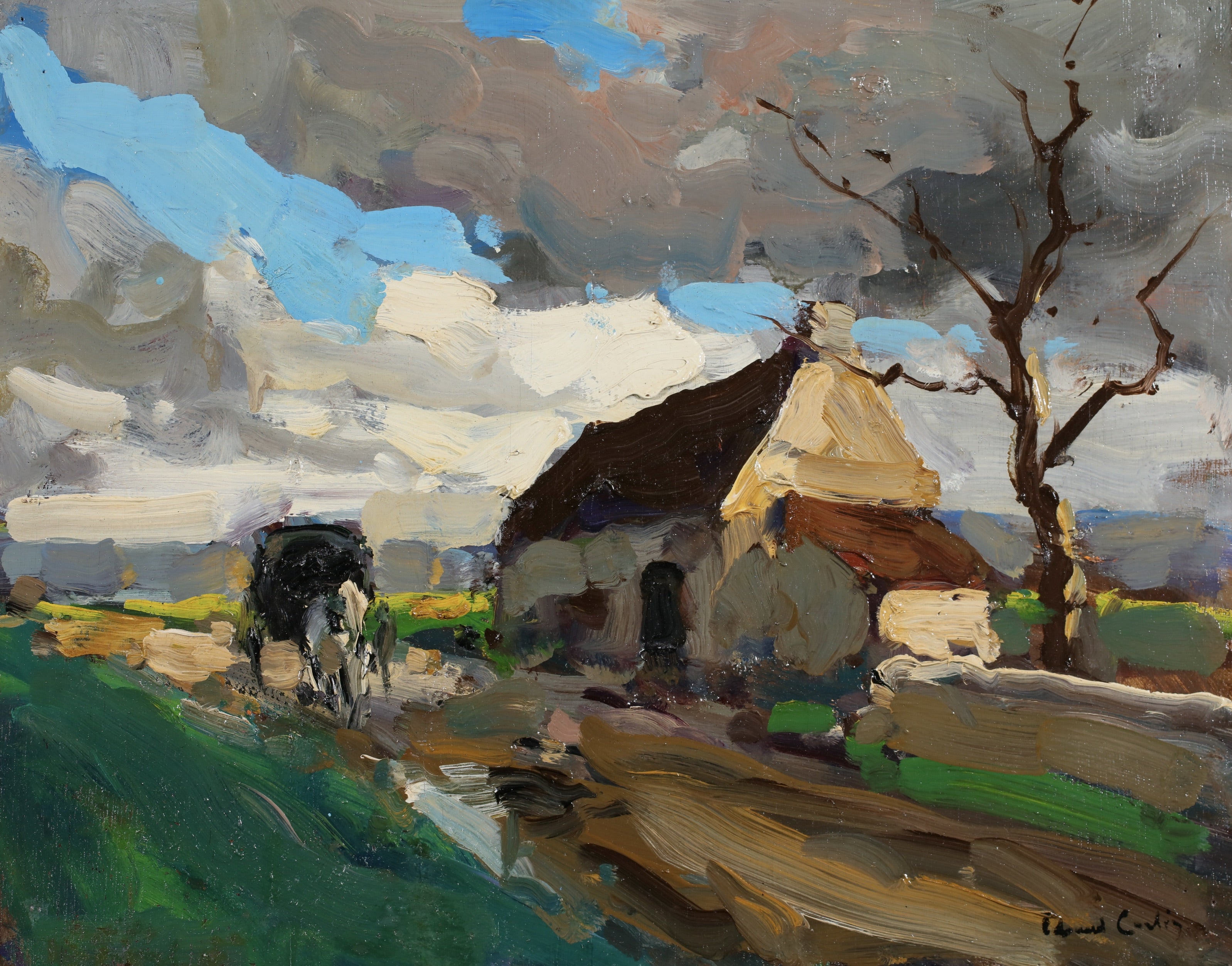 Landscape Painting de Édouard Leon Cortès - La carreta en una tormenta  - Paisaje impresionista al óleo de Edouard Cortes