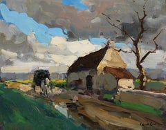 La carreta en una tormenta  - Paisaje impresionista al óleo de Edouard Cortes
