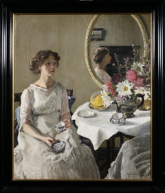 Il Tea Party - Figura impressionista in un interno, olio su tela di Hilda Fearon