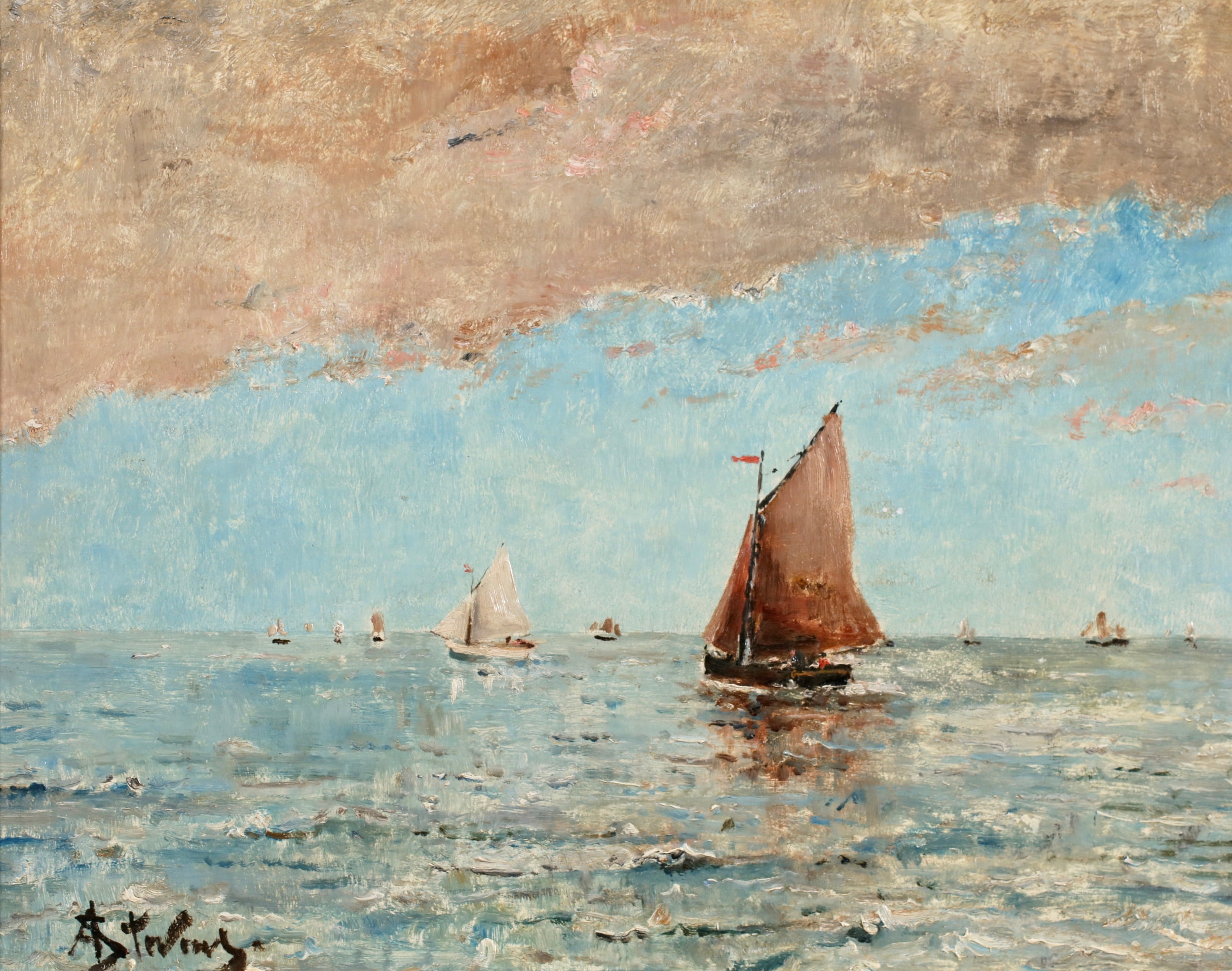 Alfred Émile Léopold Stevens (Belgian, 1823–1906), Boats at Sunset, oil on panel, signed lower left — a late nineteenth-century marine from a private French collection.

The panel is worked in a low, horizontal register: a band of shipping