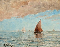 Alfred Émile Léopold Stevens, Boats at Sunset — 19th Century Belgian Marine, Oil