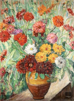 Leon Detroy - Bouquet de Fleurs, Zinnie, olio post-impressionista francese, 1920