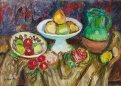 Charles Camoin, huile sur toile originale signée, 1956, « Compotier et plat de fruits »