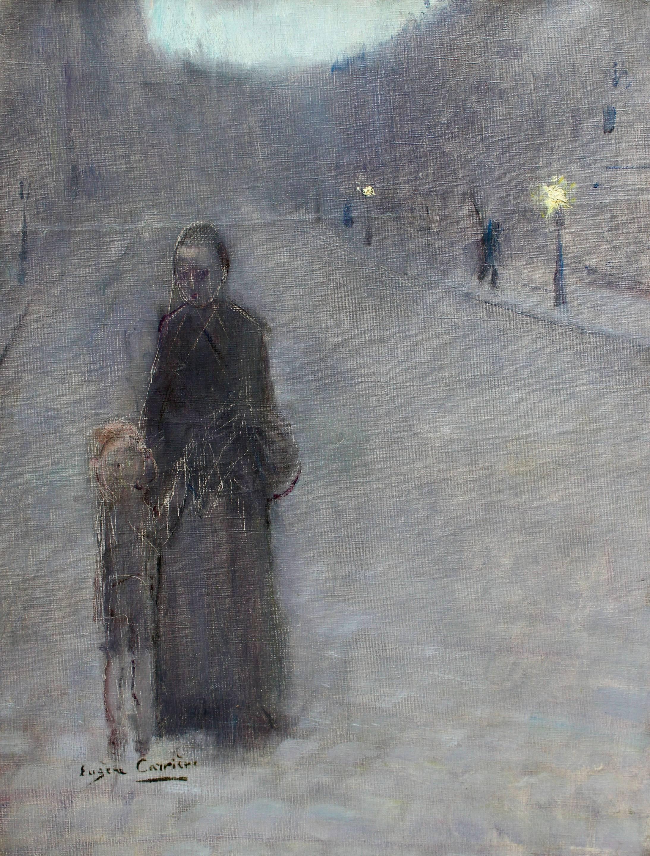 Eugène Carrière Figurative Painting - Figures in the Street - Evening - 19th Century Oil, Figures by Eugene Carriere