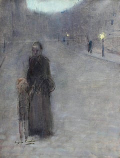 Figures in the Street - Evening - 19th Century Oil, Figures by Eugene Carriere