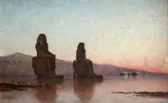 Colossi of Memnon, The Nile - Evening - 19th Century Oil, Landscape by Berchere