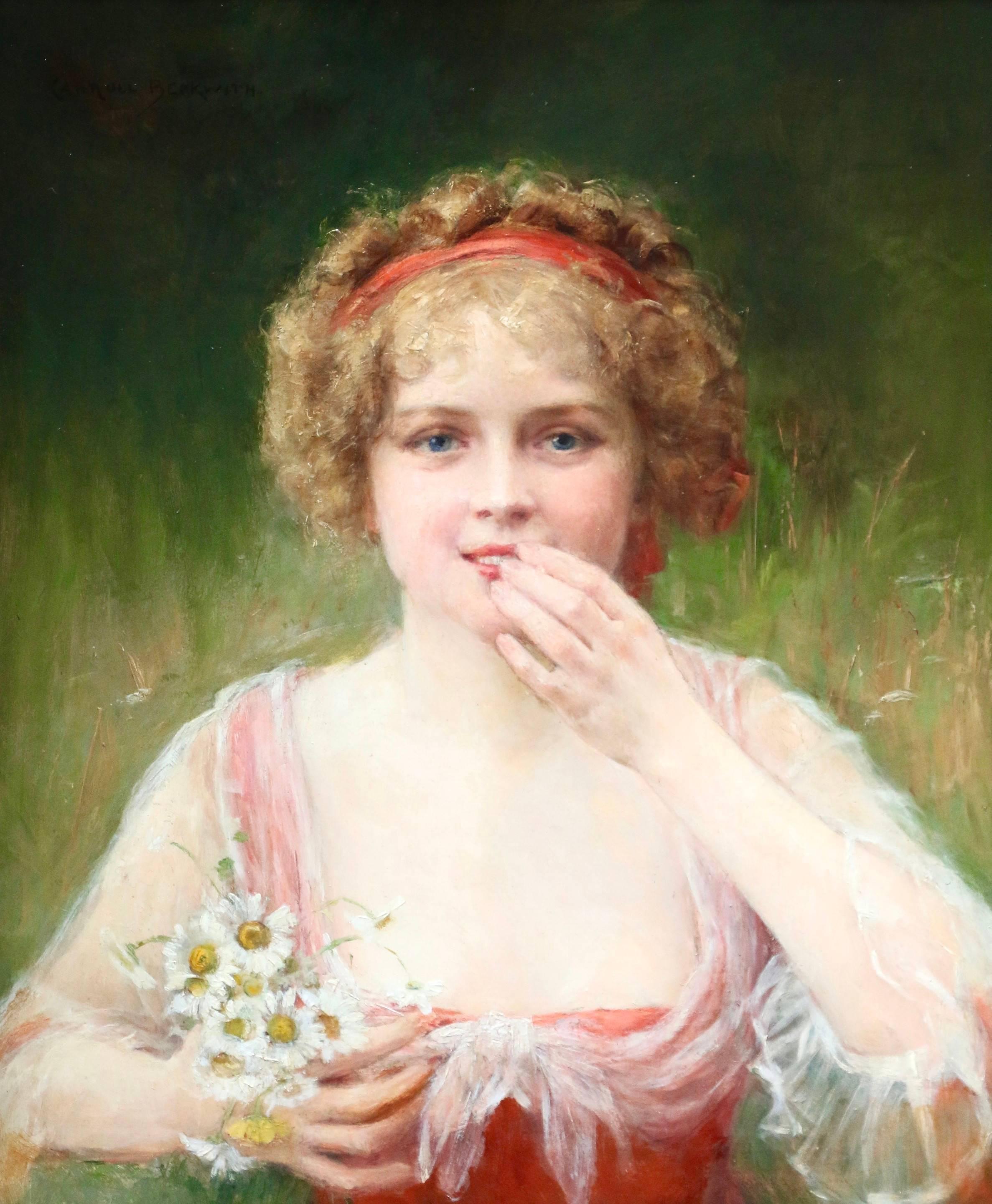 James Carroll Beckwith Figurative Painting - Surprised! - 19th Century Oil, Portrait of Young Girl & Flowers by J C Beckwith