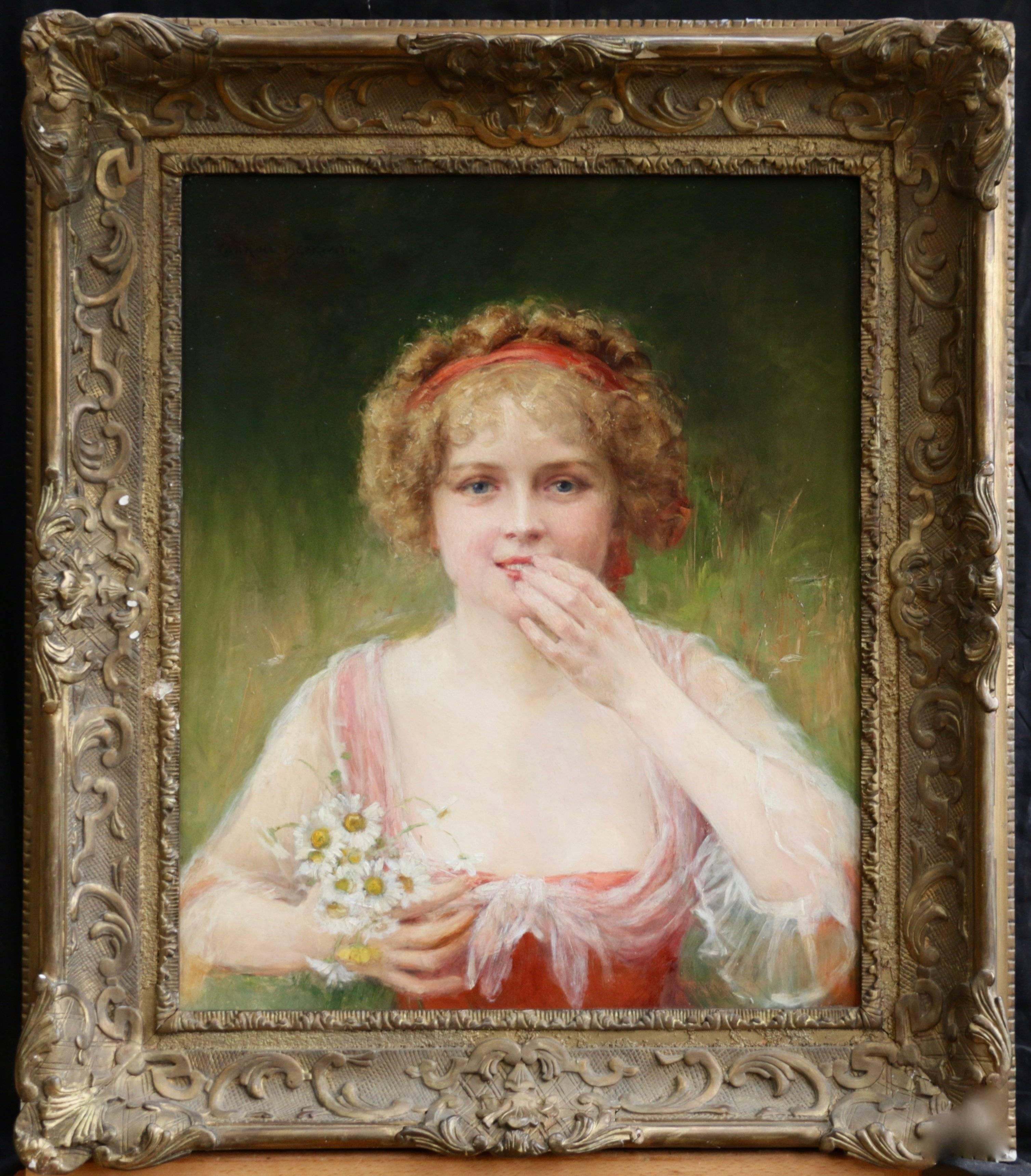 Surprised! - 19th Century Oil, Portrait of Young Girl & Flowers by J C Beckwith - Painting by James Carroll Beckwith