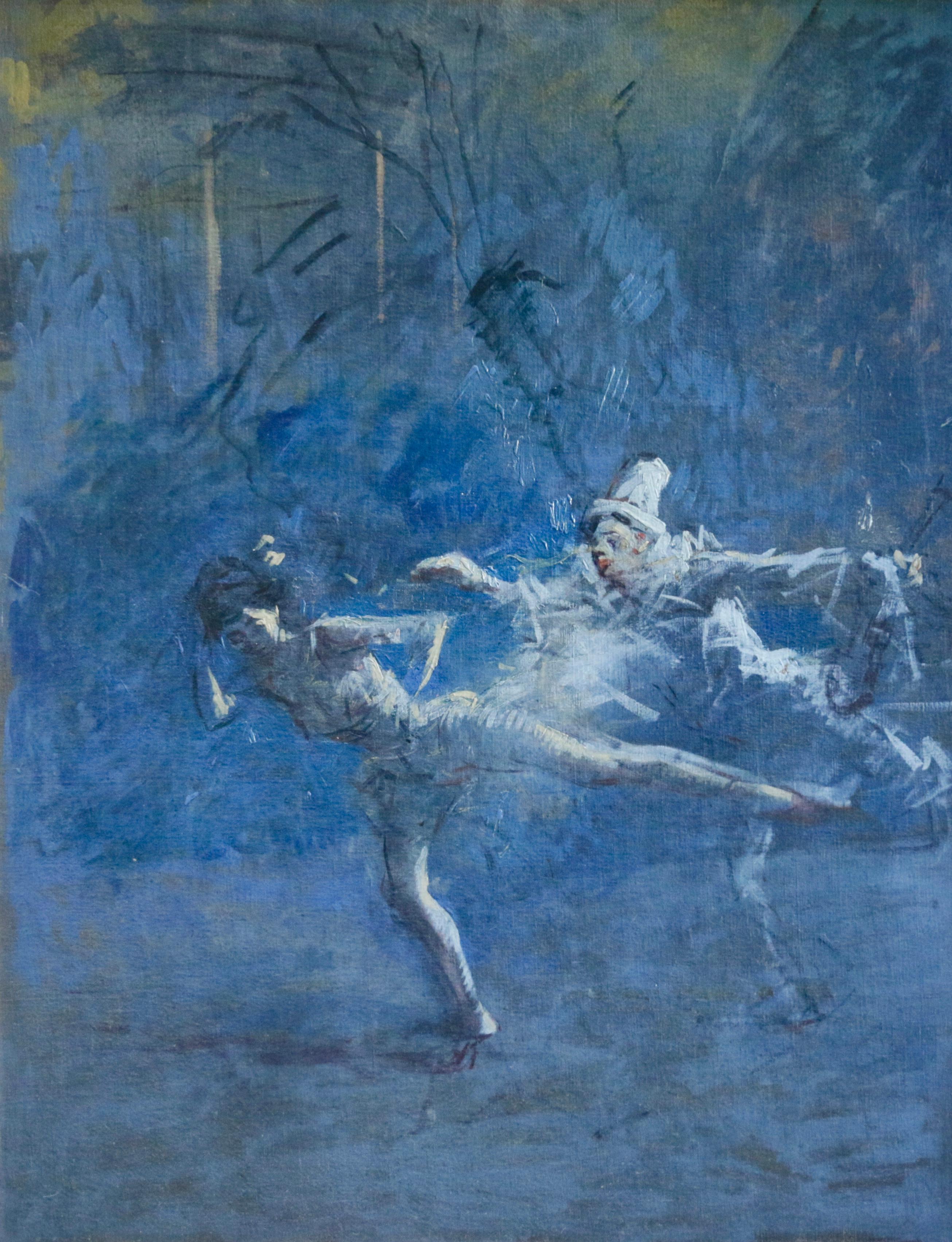 Jean Louis Forain Figurative Painting - Pierrot et la Danseuse - 19th Century Oil, Figures/Dancers in Blue by J L Forain
