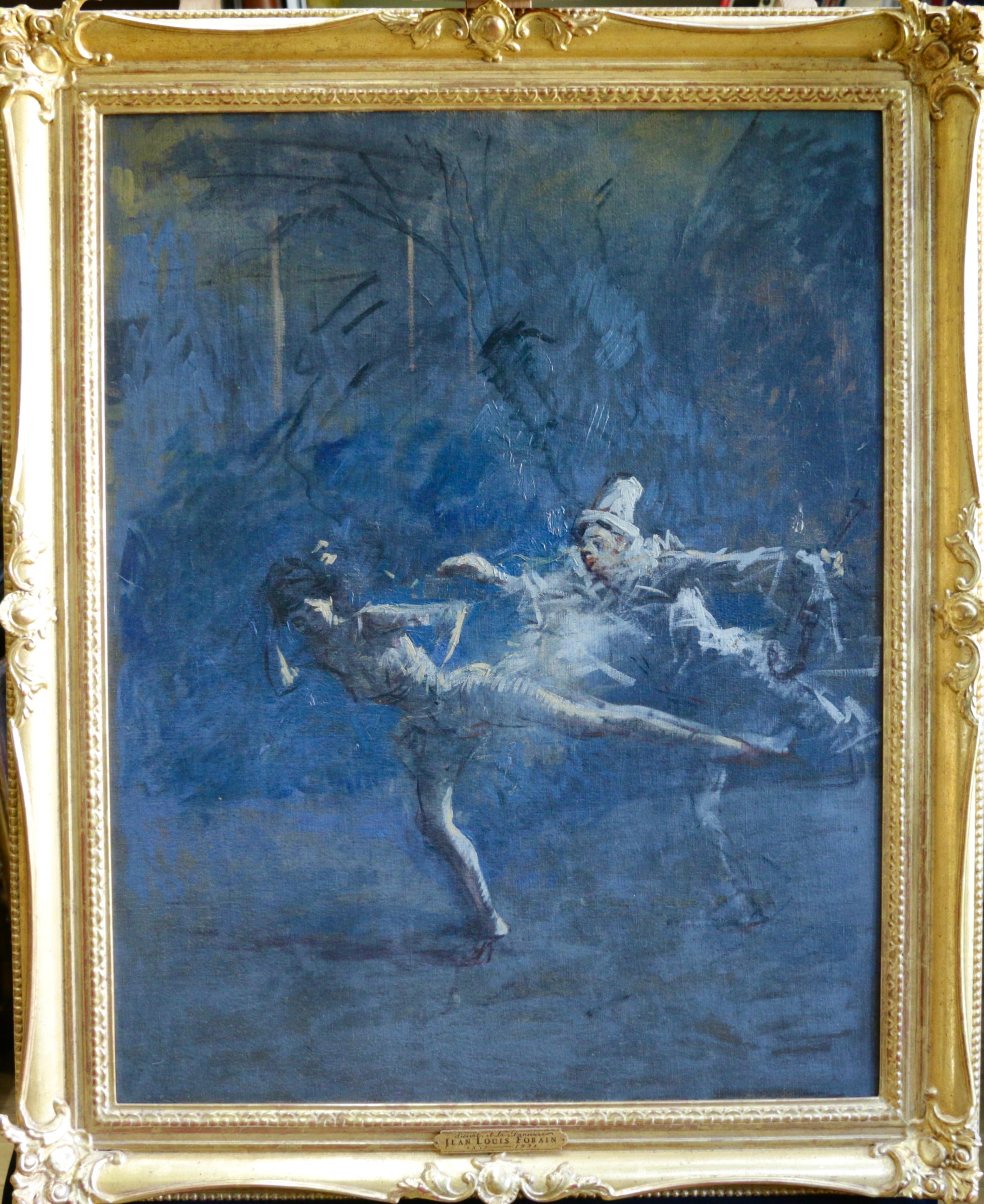 Pierrot et la Danseuse - 19th Century Oil, Figures/Dancers in Blue by J L Forain - Painting by Jean Louis Forain