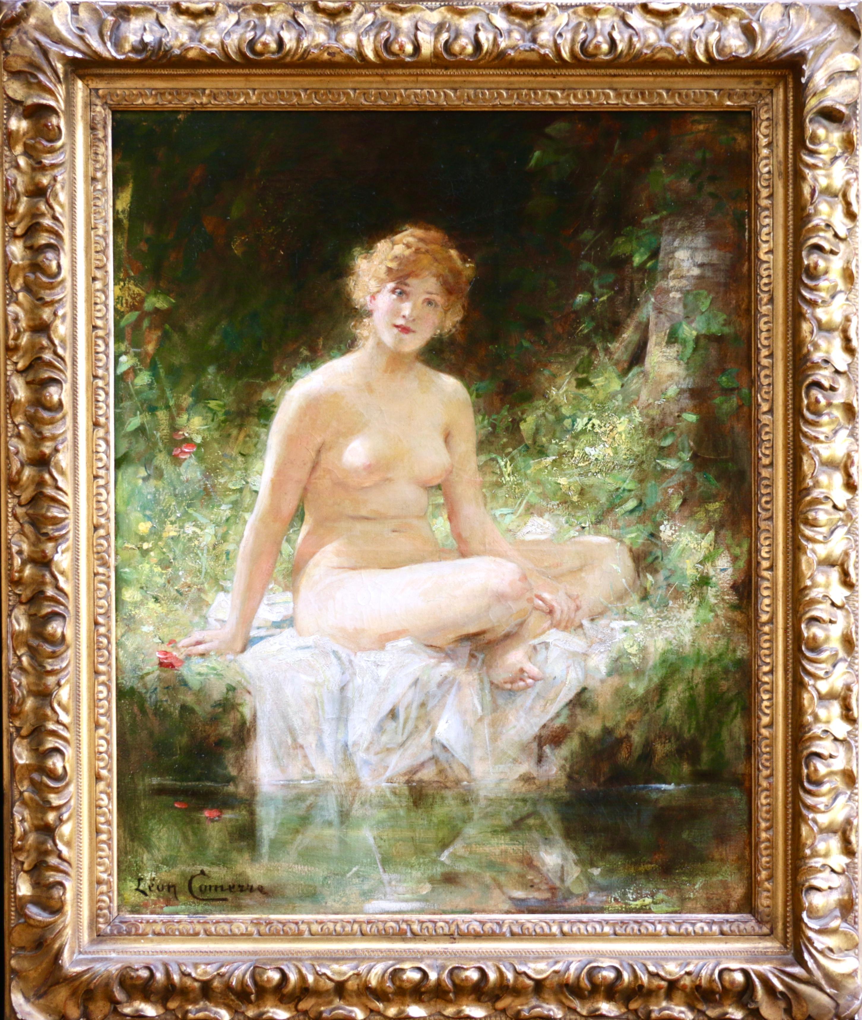 Léon François Comerre Nude Painting - La Baigneuse - 19th Century Oil, Nude Figure by River Landscape by Leon Comerre