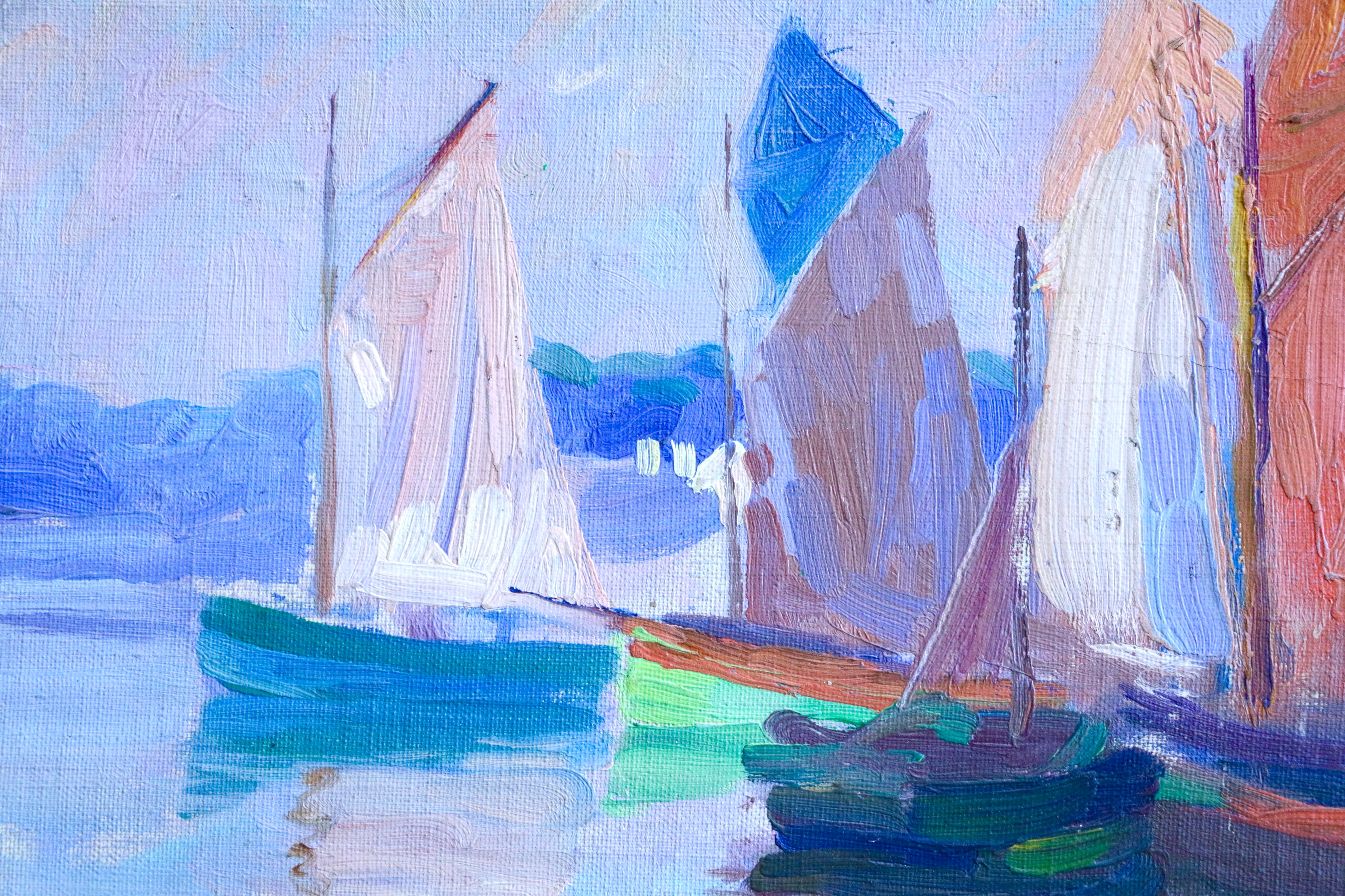 Concarneau - 20th Century Oil, Boats in Harbour, Seascape by Sydney Thompson - Painting by Sydney Lough Thompson