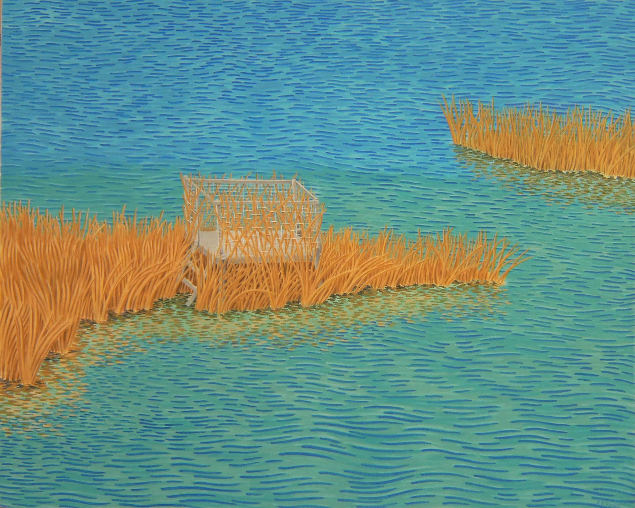 In Blind, 2012, the artist paints an abandoned duck hunting blind near his house in Maine, as viewed from a kayak. A sandbar located in the foreground gives the water a tan-aquamarine color that contrasts with deeper blue in the distance.

Alan Bray