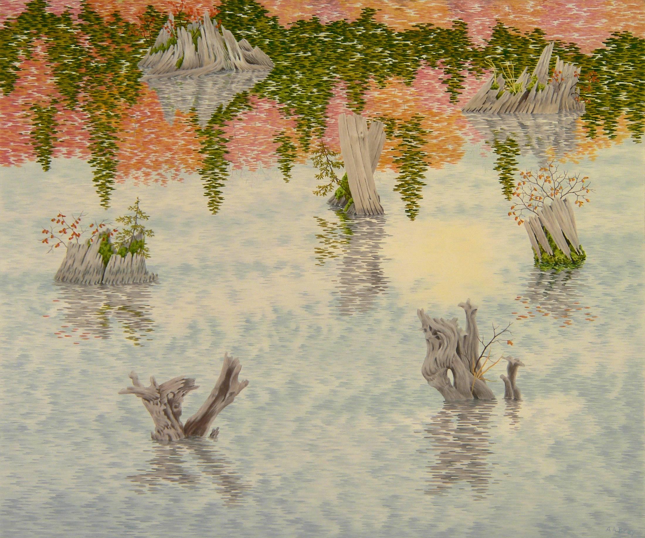 In Drowned Forest, 2014, a group of gray, gnarly tree stumps, some hosting green plants living within them, are in the midst of silver water spanning the entire picture plane. In the watery surface we see reflected the stumps, a partly cloudy