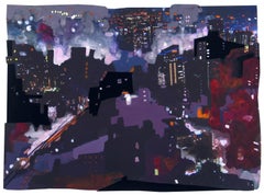 Sandy Litchfield, Purple Haze, Gouche, collage, and inkjet print cityscape, 2011