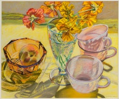 Janet Fish, Nasturtiums and Pink Cups, Oil pastel on paper still life, 1981