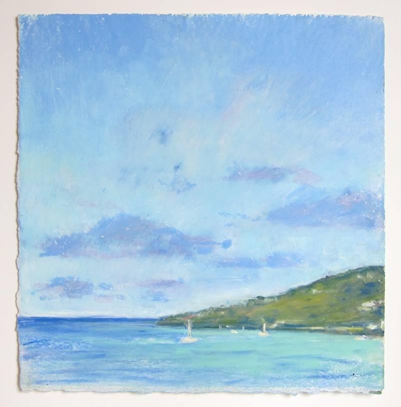 Daisy Craddock Landscape Art - Tortola, blue and green oil pastel seascape, 2010