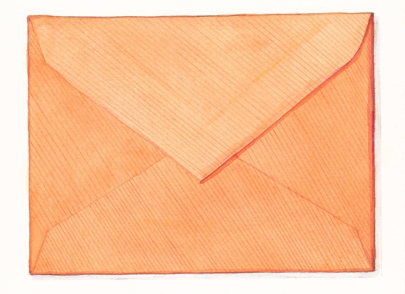 Still-Life Margot Glass - Envelope orange, aquarelle et nature morte réaliste au crayon, 2016