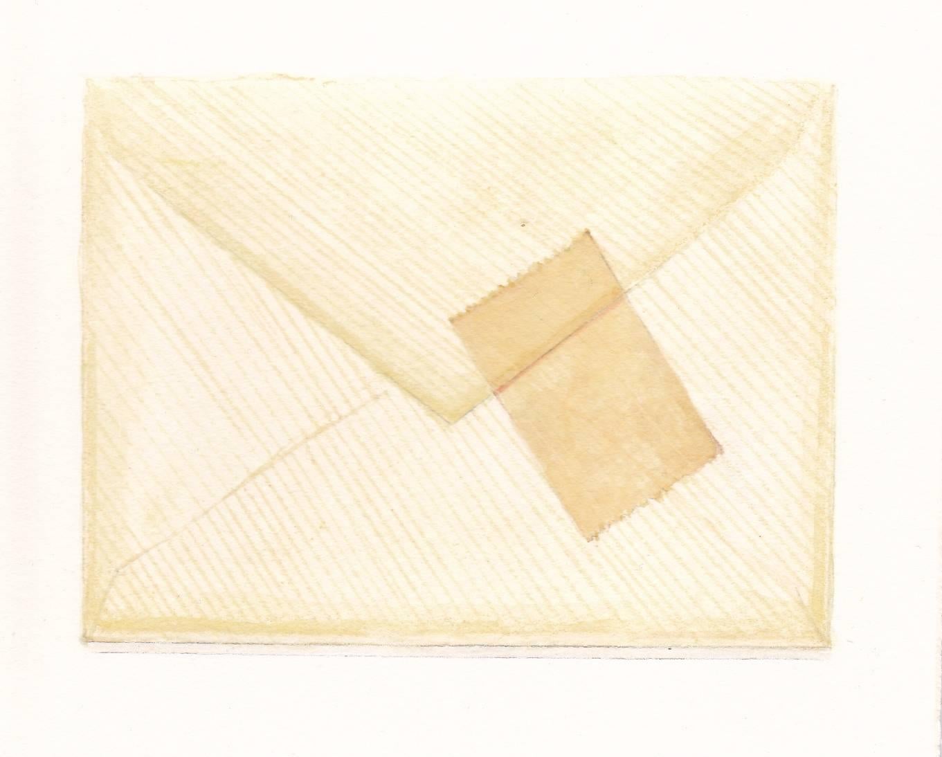 Envelope mit Wandteppich, realistisches Aquarell- und Bleistiftstillleben, 2016