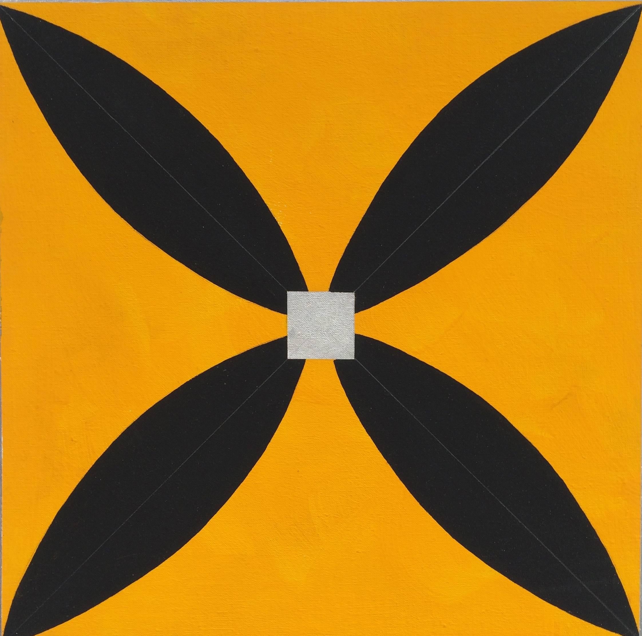 Mary Judge Abstract Painting – Star M2, gelbes geometrisches abstraktes flashe-Gemälde auf Leinen auf Karton