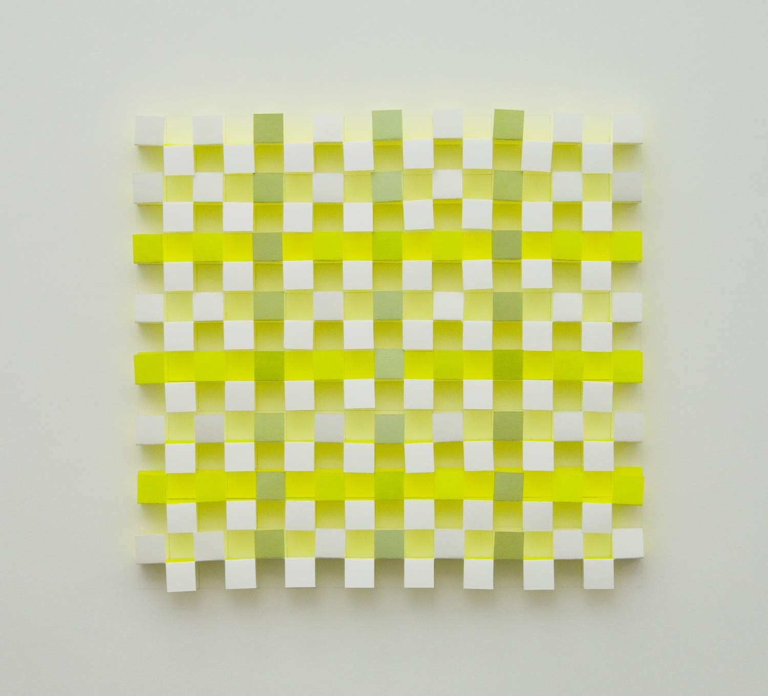 Joan Grubin Abstract Sculpture - Lattice #9, neon acrylic on paper abstract optical wall sculpture, 2010