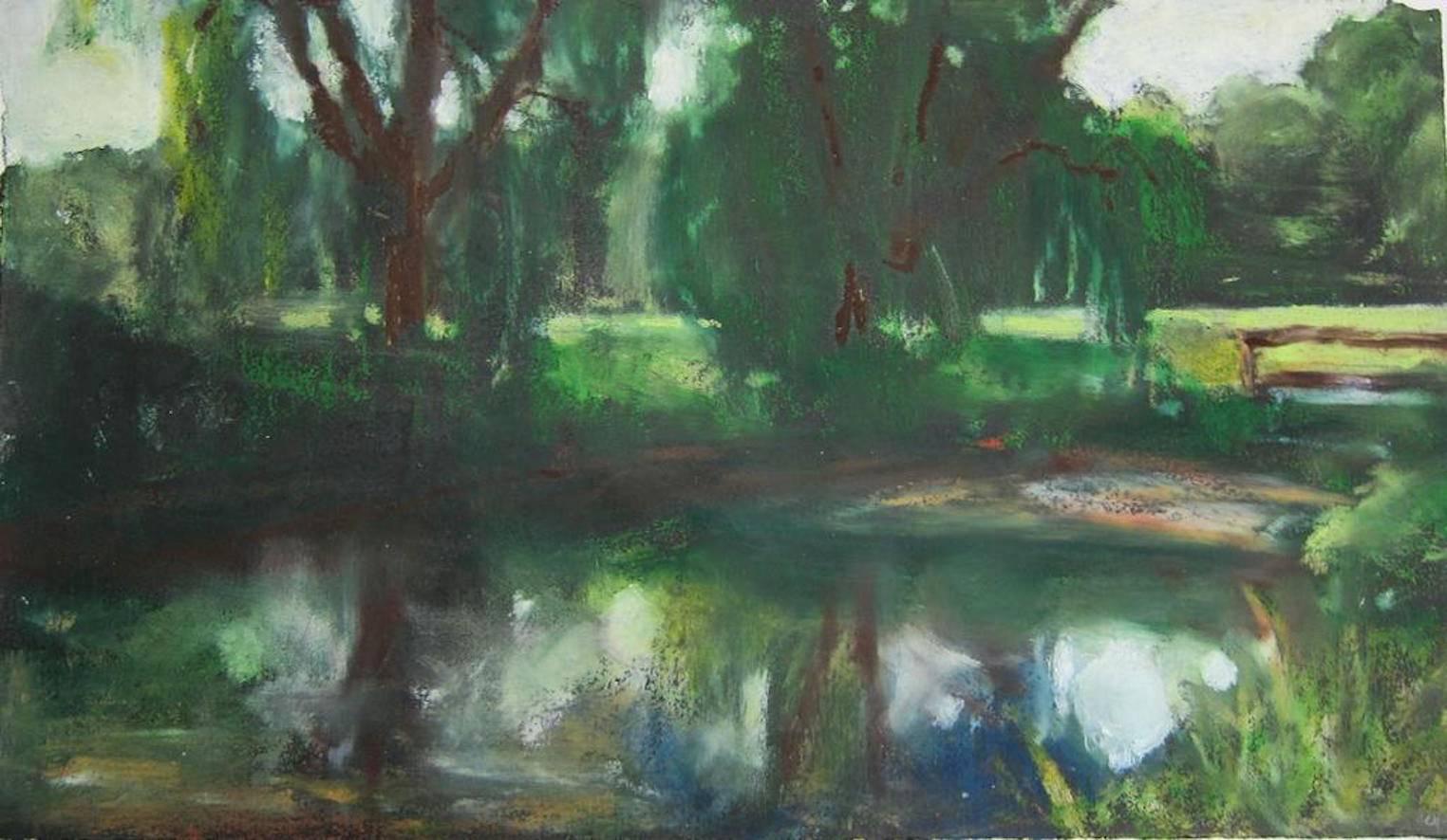 In her oil pastel Impressionist landscape, Study for Now and Then, Daisy Craddock captures the lush green of a southern lakeside. The light effects are momentary, the intensity of the foliage and the shimmer of the water will soon be lost to a shift