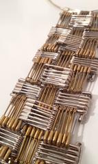 Tie Necklace, silver, brass, and nickel safety pin wearable art