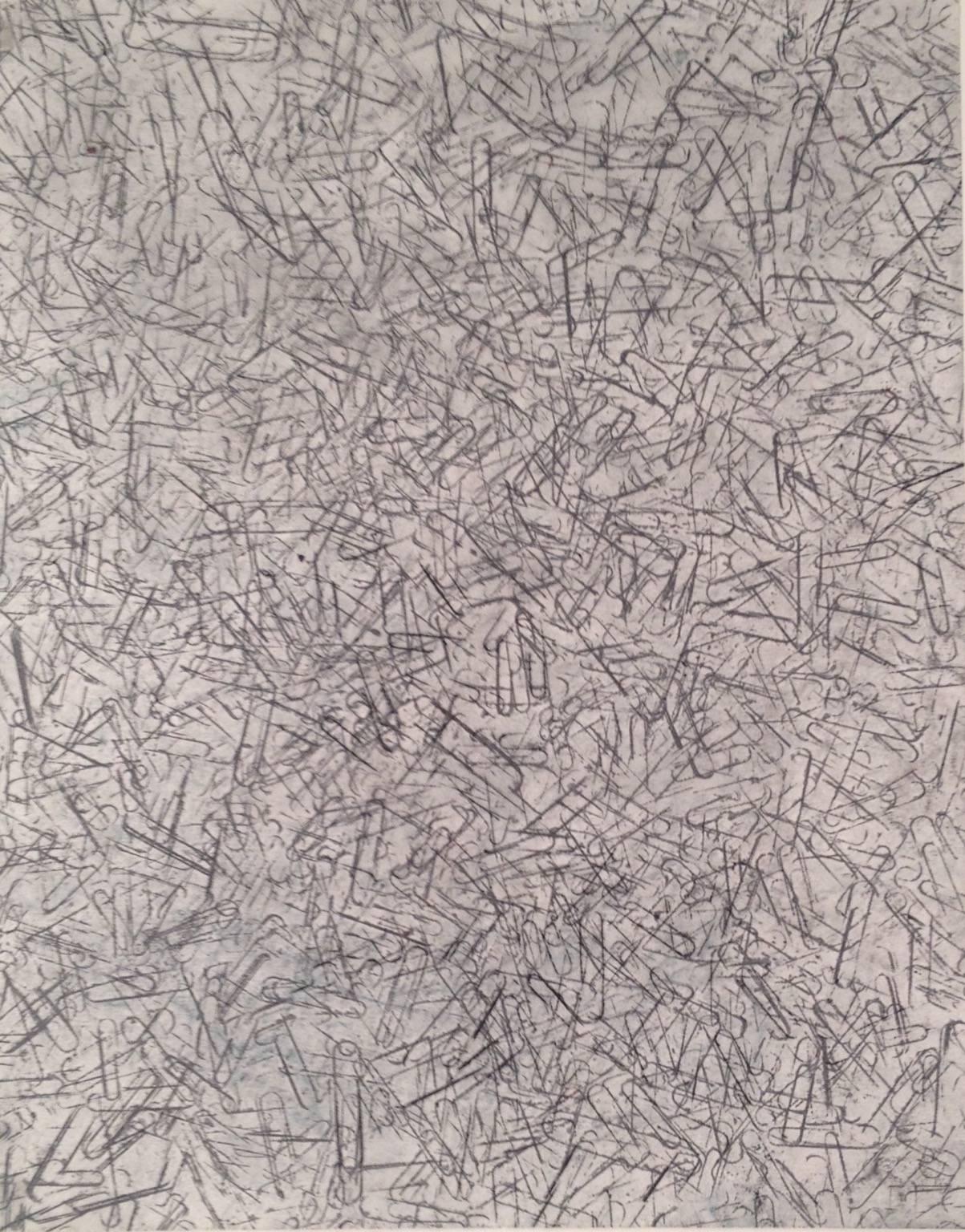 Tamiko Kawata Still-Life - Clips - 4 Black, realist black and white conte crayon rubbing, patterned design