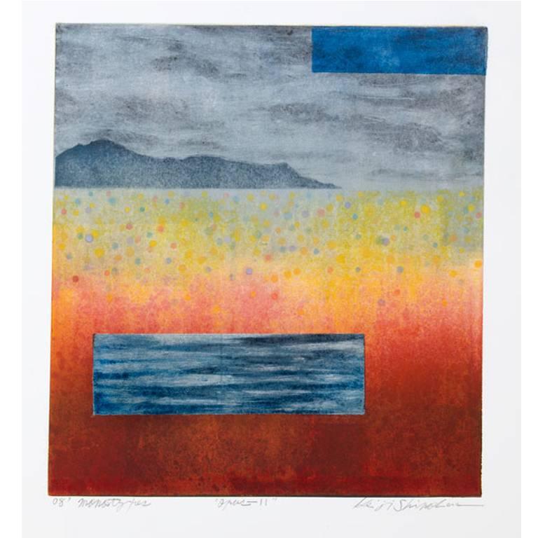 Landscape Print de Keiji Shinohara - Opus 11, monotipo Ukiyo-e con paisaje de hojas de platino, 2008
