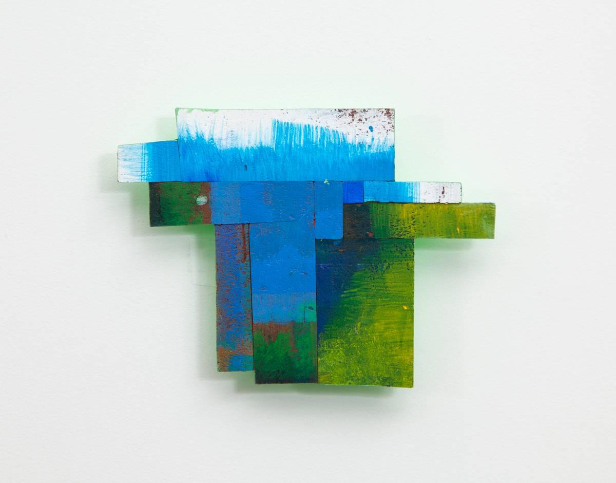 Detritus #21, blue and green acrylic on pressed wood abstract wall sculpture - Mixed Media Art by Joan Grubin