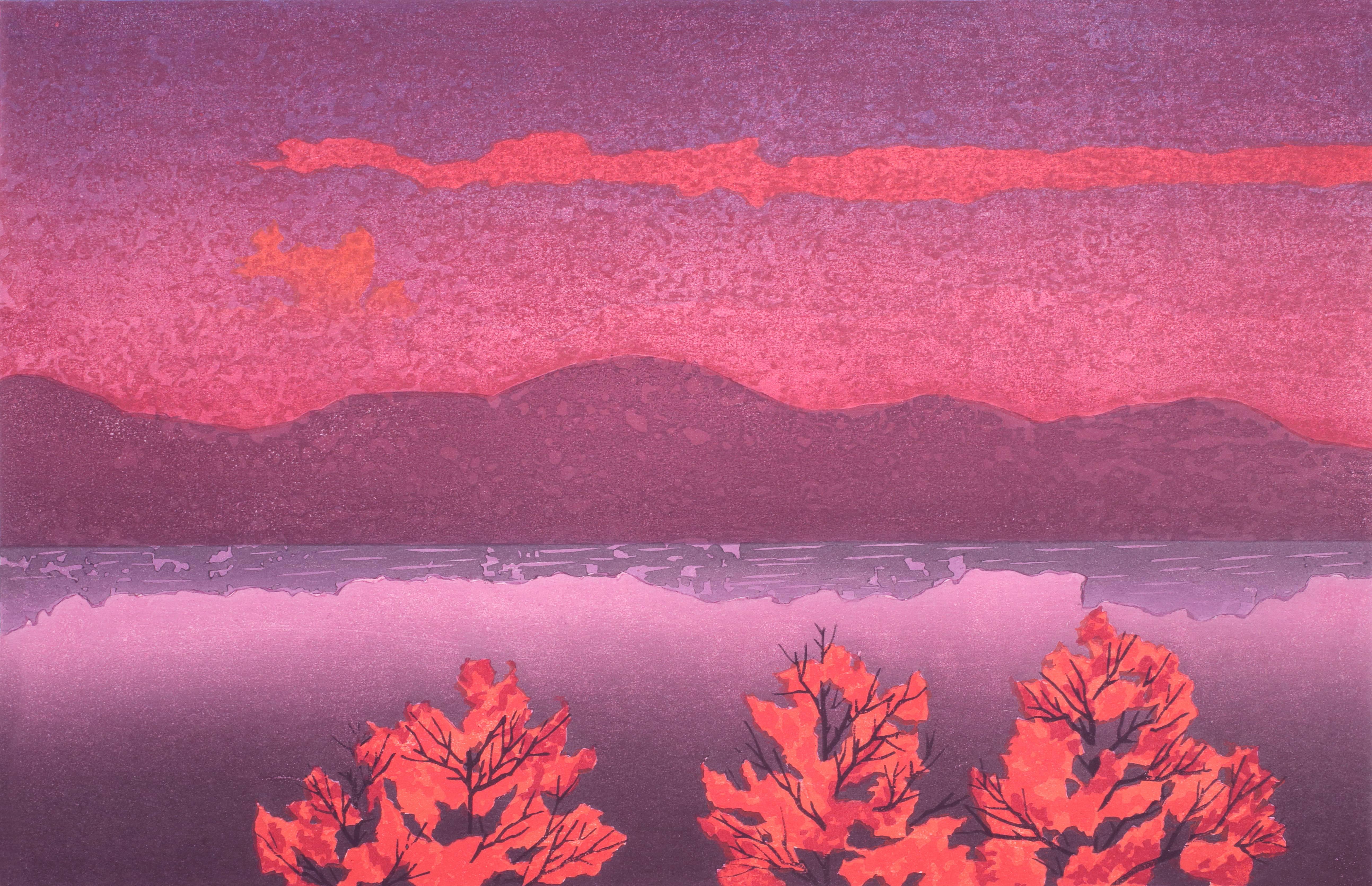 Keiji Shinohara Landscape Print - Twilight, pink and purple Ukiyo-e woodblock print landscape, 2012