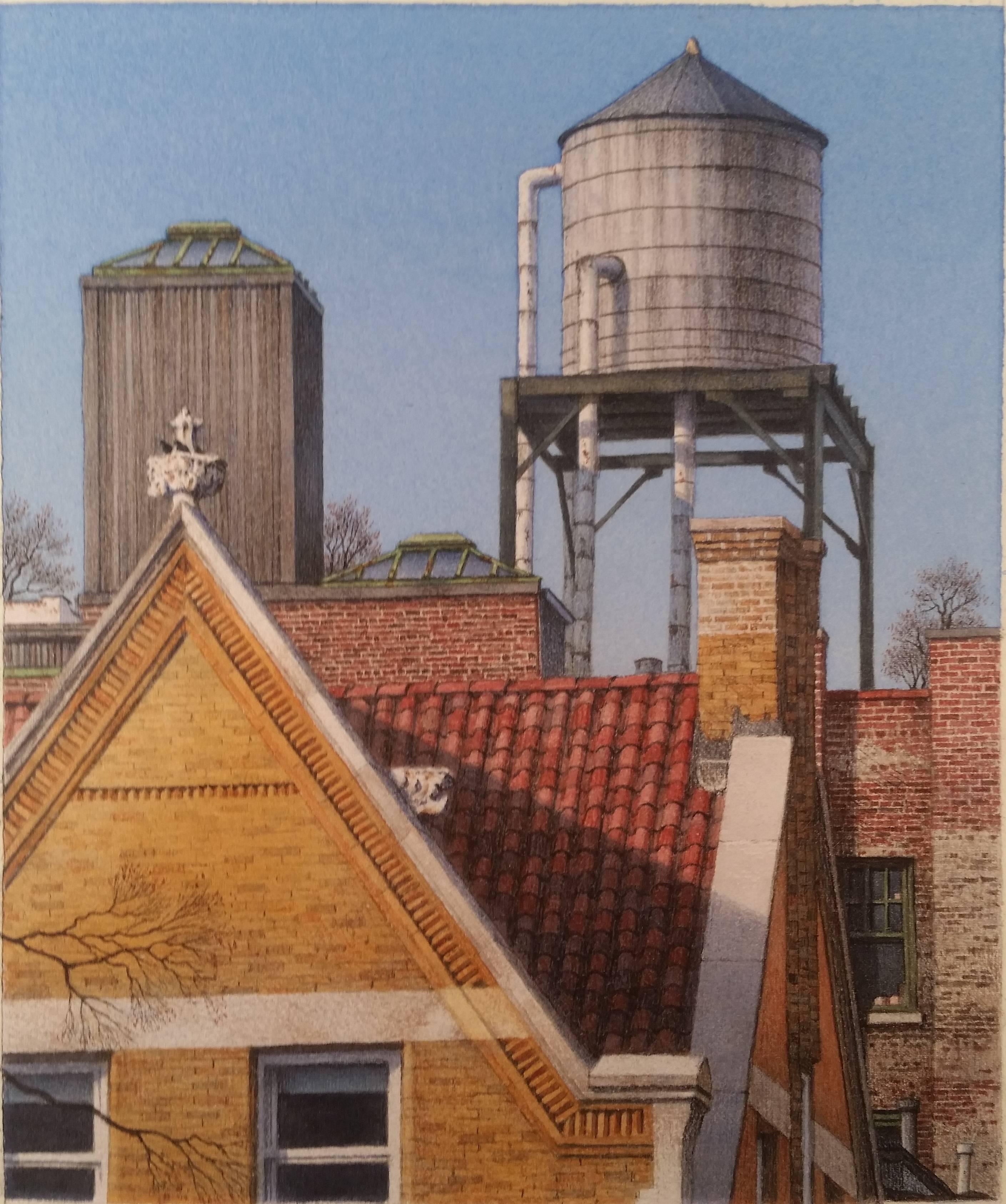 Frederick Brosen's watercolor over graphite, 77th Street and West End Avenue, lends an almost provincial lens to New York City's skyline. Bathed in warm sunlight, the water tower and building tops represent a space elevated from the chaos of the