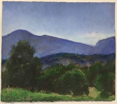 La lumière de la fin de l'été:: Germantown:: paysage à l'huile pastel bleu et vert au crépuscule