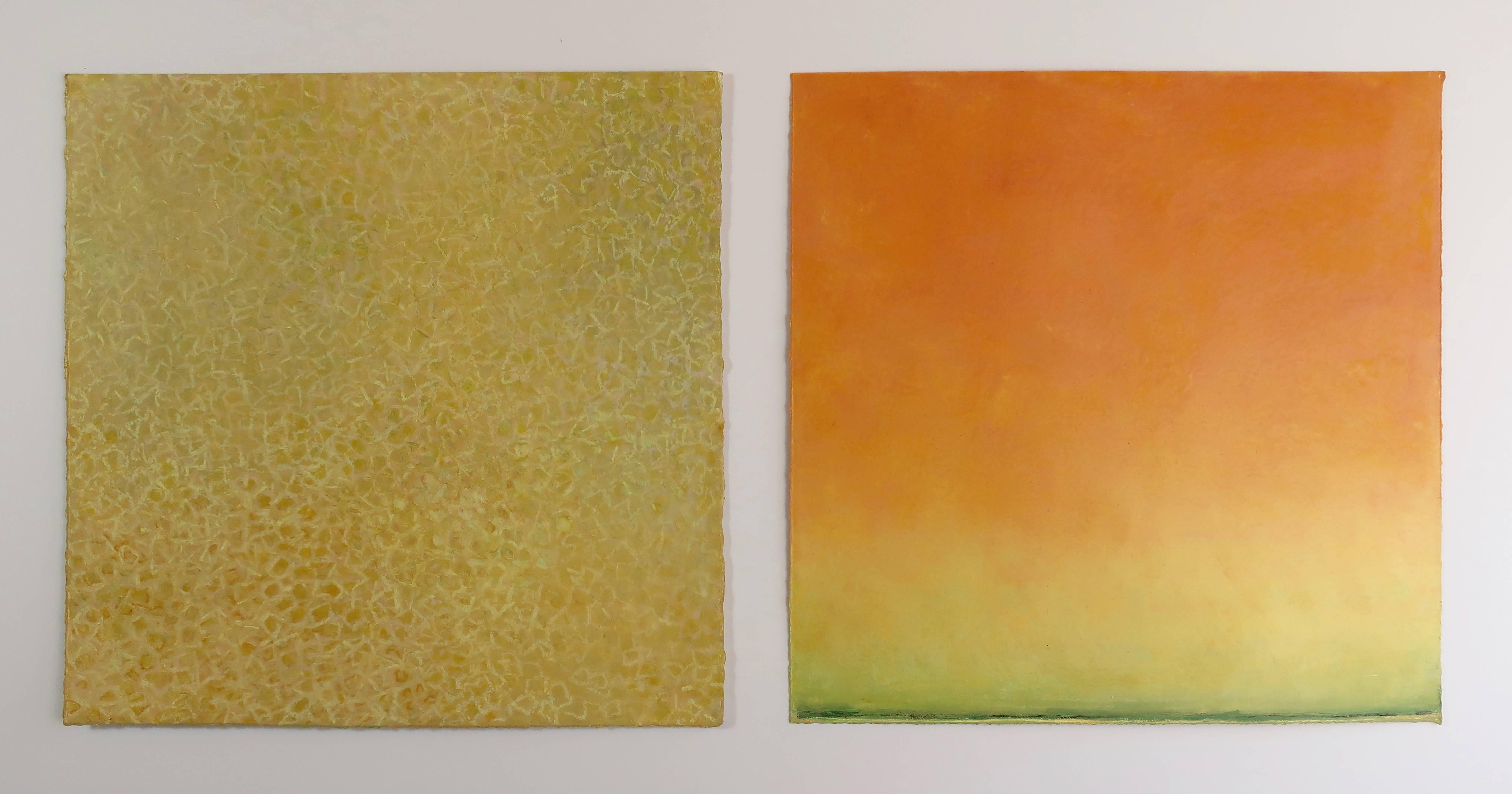 Daisy Craddock's oil stick and oil pastel on Arches paper diptych, Cantaloupe 1st, 2018, treads the boundaries of abstraction and hyperrealism. The left side of the diptych shows the rough, intricately patterned rind of the fruit, while the right