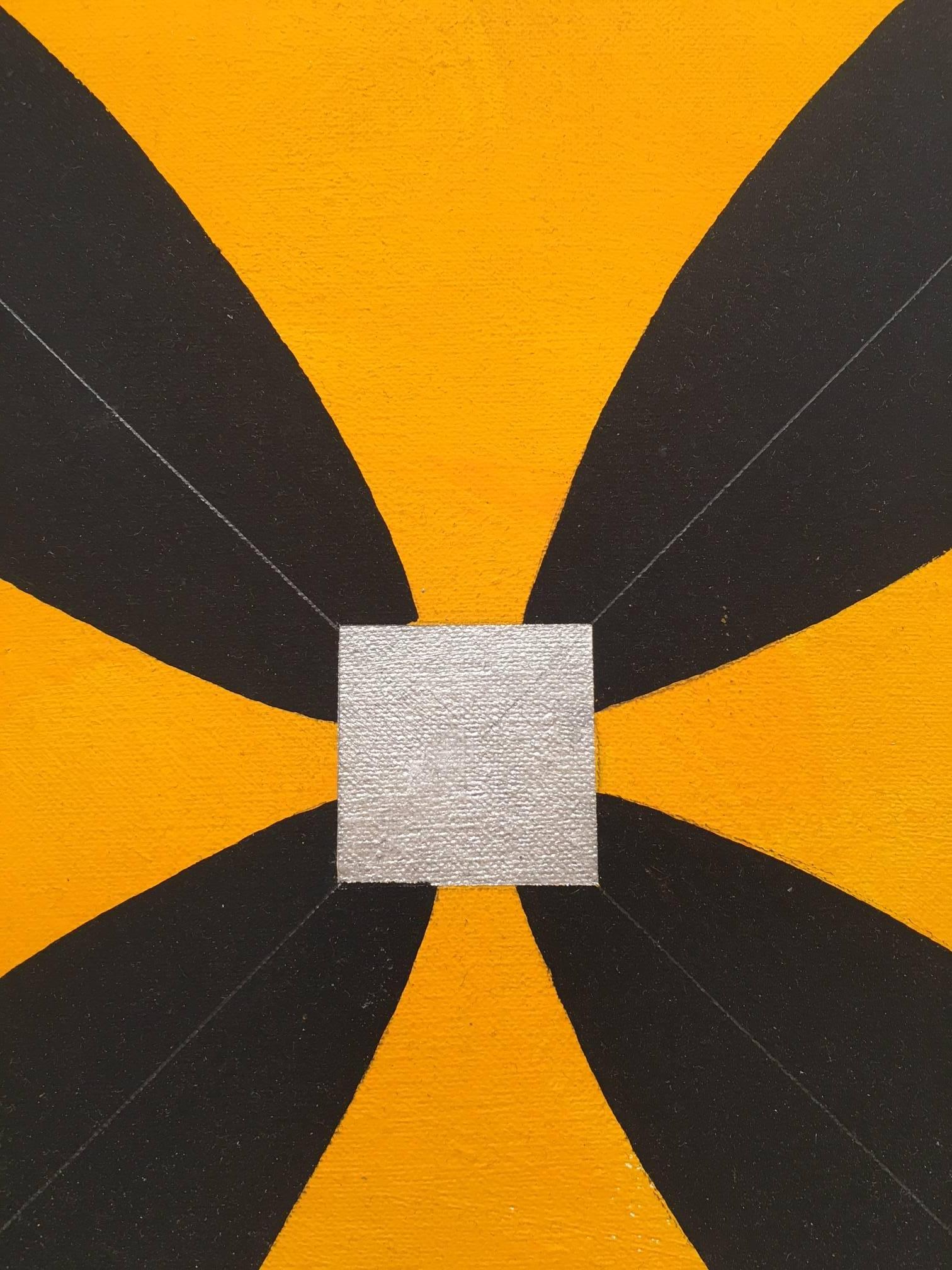Star M2, yellow geometric abstract flashe on linen on board painting - Orange Abstract Painting by Mary Judge
