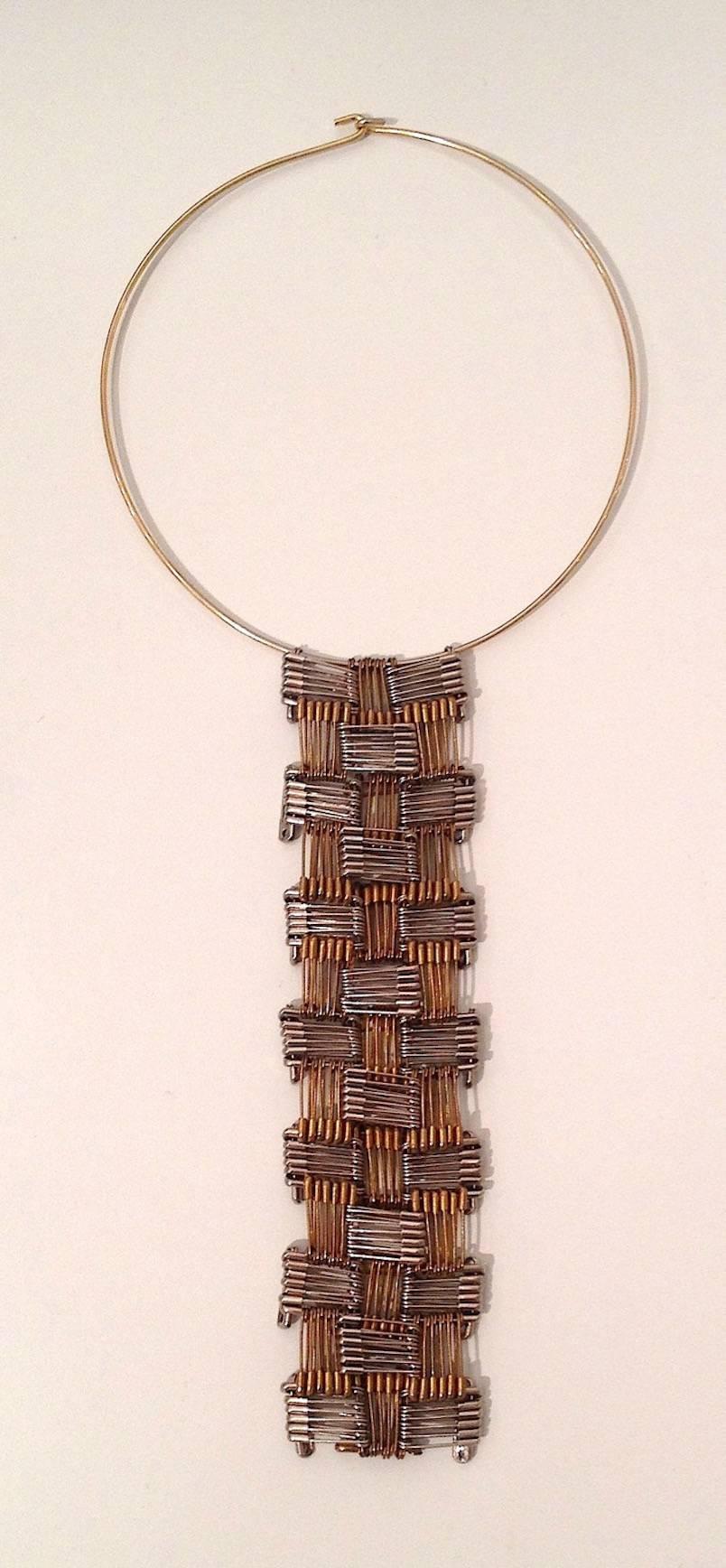 Tie Necklace, silver, brass, and nickel safety pin wearable art - Art by Tamiko Kawata