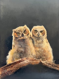 Due gufetti, dipinto a olio in miniatura in stile realista contemporaneo raffigurante dei gufi, 7 x 5 in