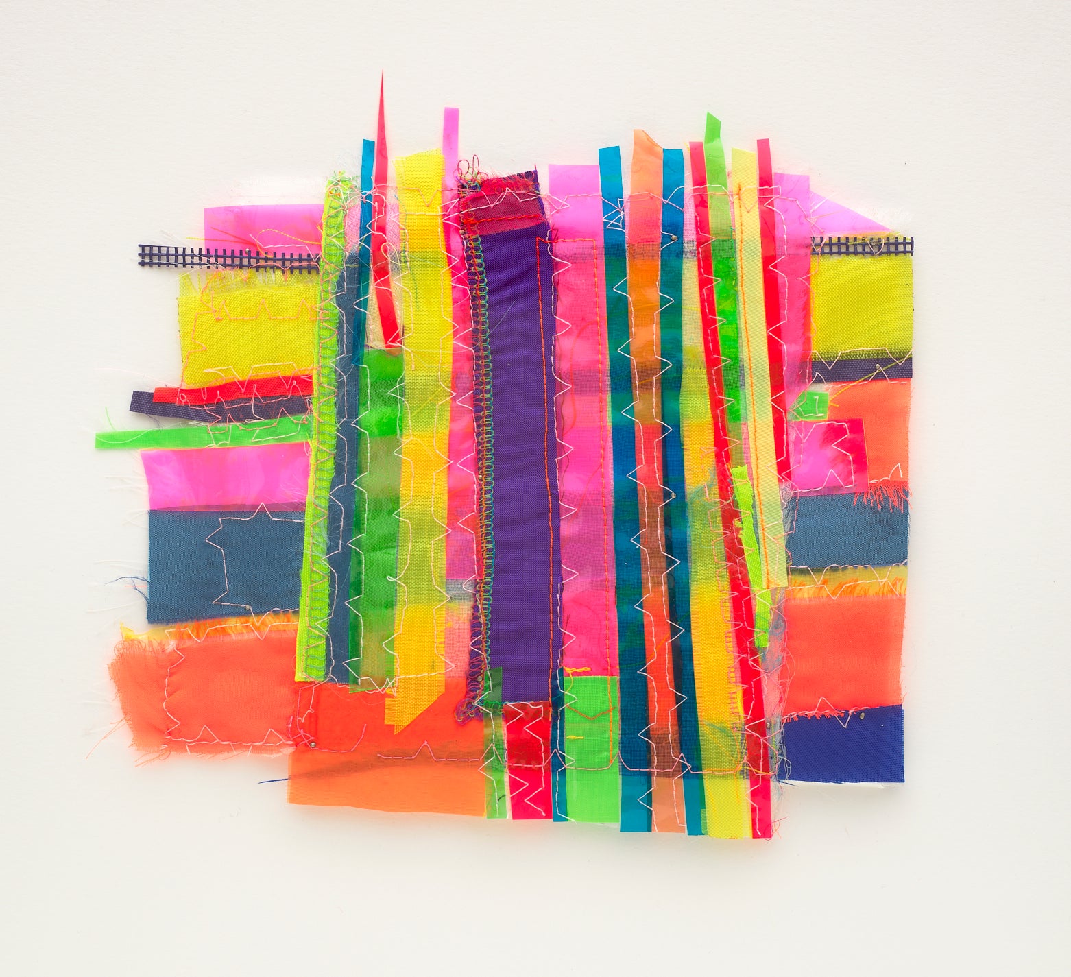 Linda Kamille Schmidt Abstract Painting - Slide, Colorful Abstract Pattern Upcycled Collage Textile Mixed Media Wall Art