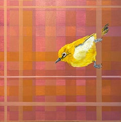 Sideways, Contemporary Yellow Bird Painting with Pink Plaid Geometric Background