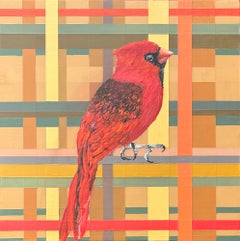 Cardinal, Contemporary Red Bird Painting, Geometric Pattern, 10 x 10 in.