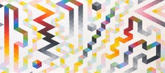 Frisky Magic, Colorful Geometric Op Art Abstract Painting, Hard-Edge, 32 x 72 in