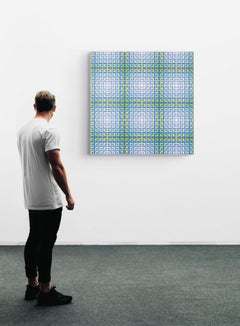 «Undercurrent», cuadro de arte óptico geométrico moderno en azul y amarillo, 36 x 36 pulgadas