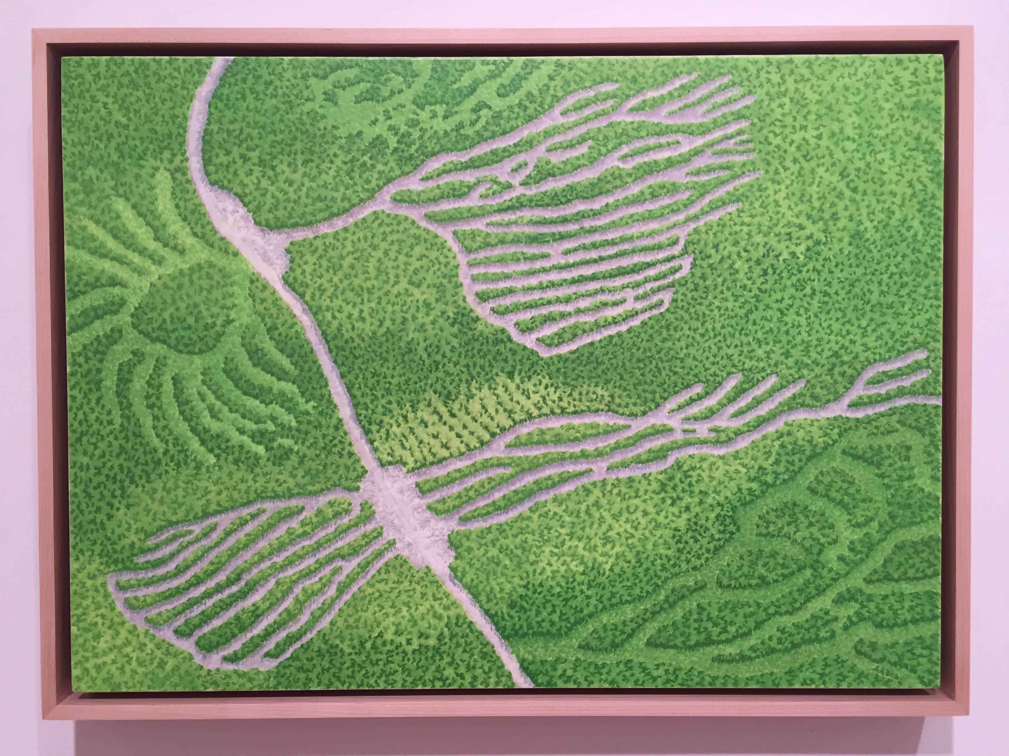 Terrain Vague, green Casein Maine landscape painting, 2015 - Green Landscape Painting by Alan Bray